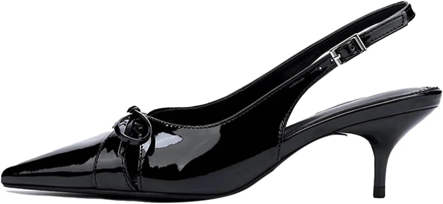Women's Slingback Bow Kitten Heel Mule Sandals sexy Ankle Strap Closed Pointed Toe Slip-On Low heels Pumps for Wedding Bride summer Comfort Low Stiletto Dress Shoes for Party Evening