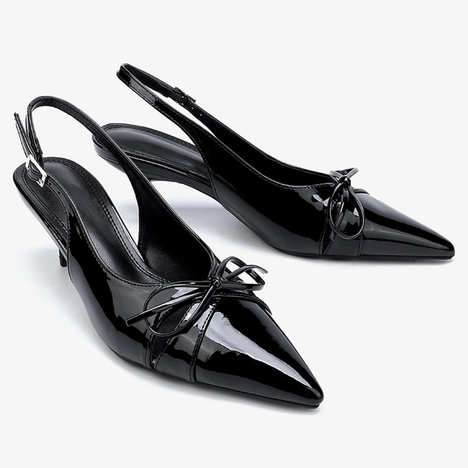 Women's Slingback Bow Kitten Heel Mule Sandals sexy Ankle Strap Closed Pointed Toe Slip-On Low heels Pumps for Wedding Bride summer Comfort Low Stiletto Dress Shoes for Party Evening