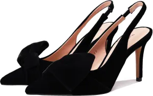 Women's Slingback Heels with Bow Leather Pointed Toe Pumps with Elasticated Strap 3.3" High Heels Evening Comfy Dress Shoes