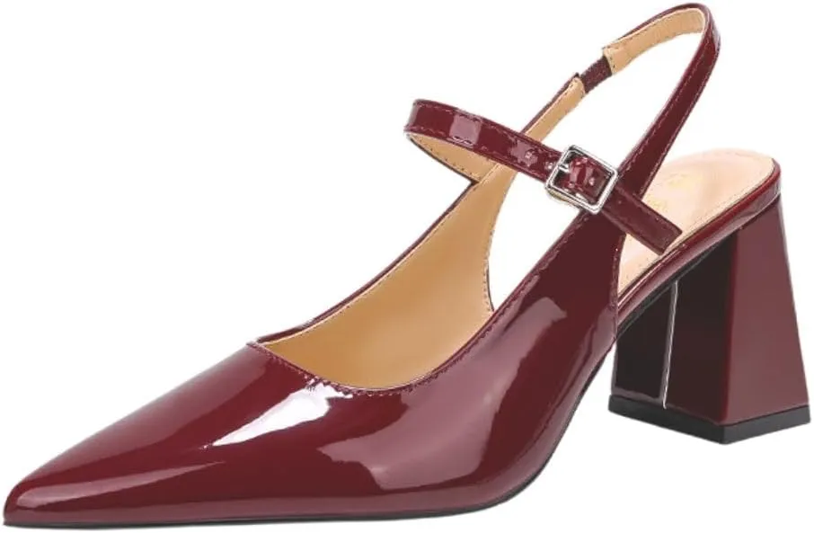Womens Slingback Pumps with Ankle Strap, Block Chunky Heel Shoes Pointed Toe with Adjustable Buckle Strappy Heels Wedding Party Dress Shoes Work Pumps