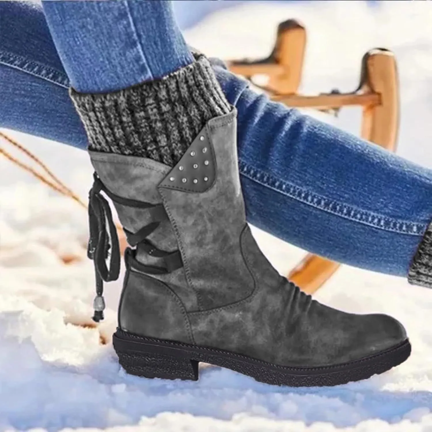 Women's Snow Boots Low Heel Mid Calf Winter Boots Side Zip Western Platform Hiking Booties Warm Non Slip Outdoor Shoes Winter