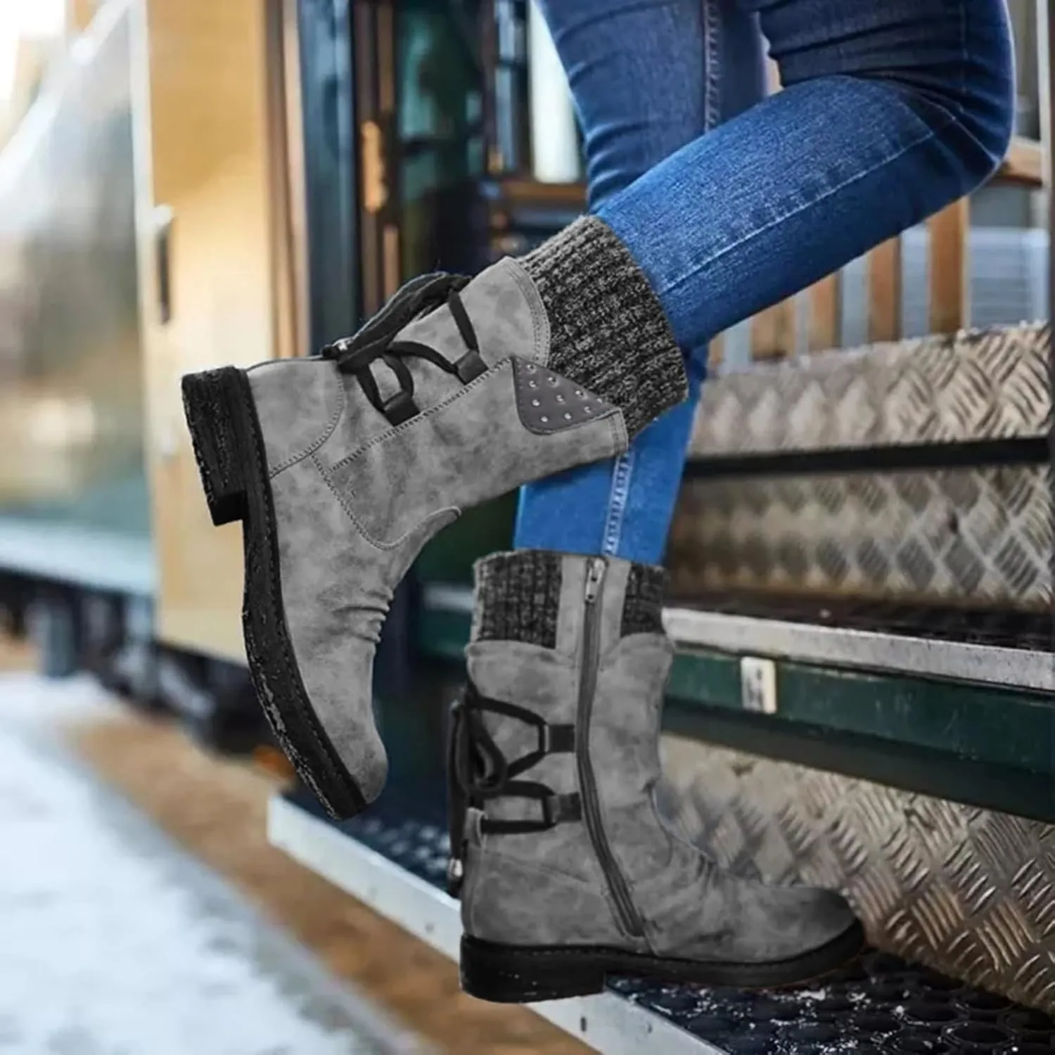 Women's Snow Boots Low Heel Mid Calf Winter Boots Side Zip Western Platform Hiking Booties Warm Non Slip Outdoor Shoes Winter