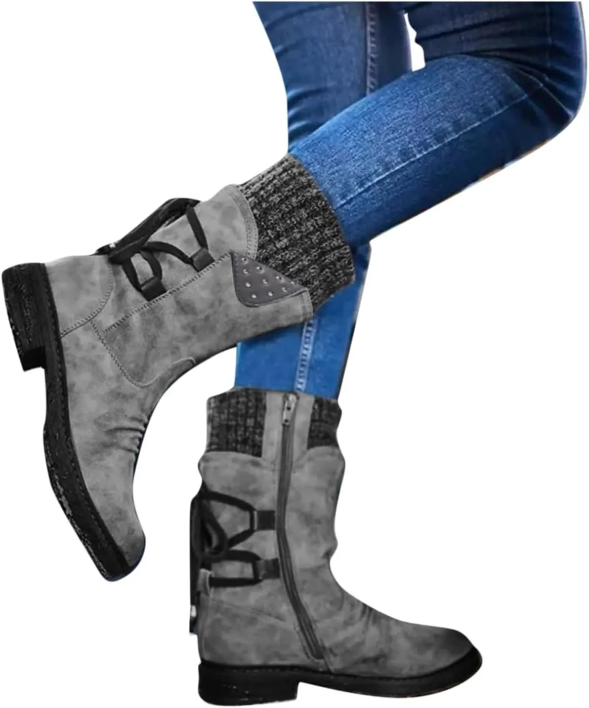 Women's Snow Boots Low Heel Mid Calf Winter Boots Side Zip Western Platform Hiking Booties Warm Non Slip Outdoor Shoes Winter