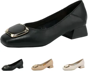 Women's Square Toe Metal Buckle Heels Comfortable Slip On Patent Chunky Low Block Heel Pumps Outdoor Classic Dress Wedding Office Party Shoes