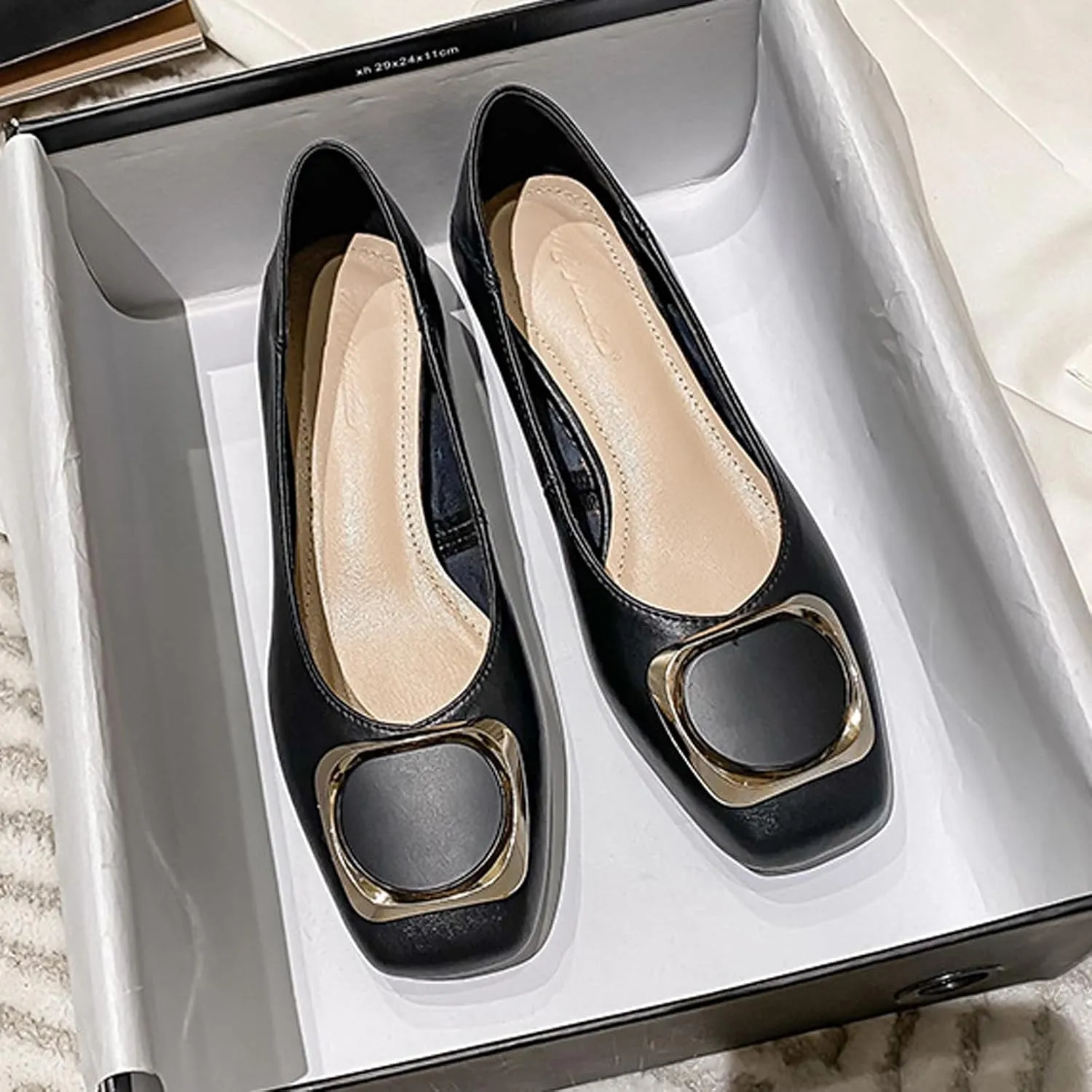 Women's Square Toe Metal Buckle Heels Comfortable Slip On Patent Chunky Low Block Heel Pumps Outdoor Classic Dress Wedding Office Party Shoes
