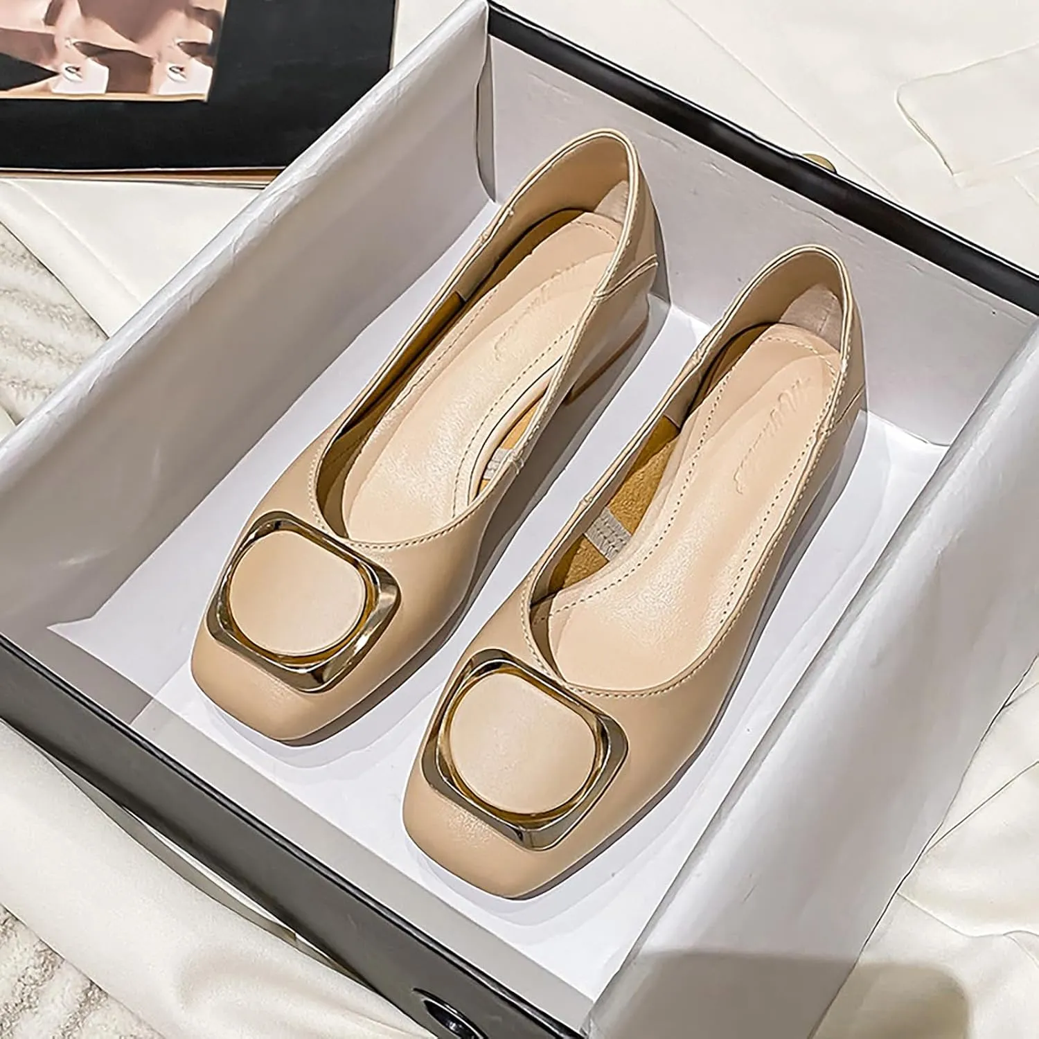 Women's Square Toe Metal Buckle Heels Comfortable Slip On Patent Chunky Low Block Heel Pumps Outdoor Classic Dress Wedding Office Party Shoes