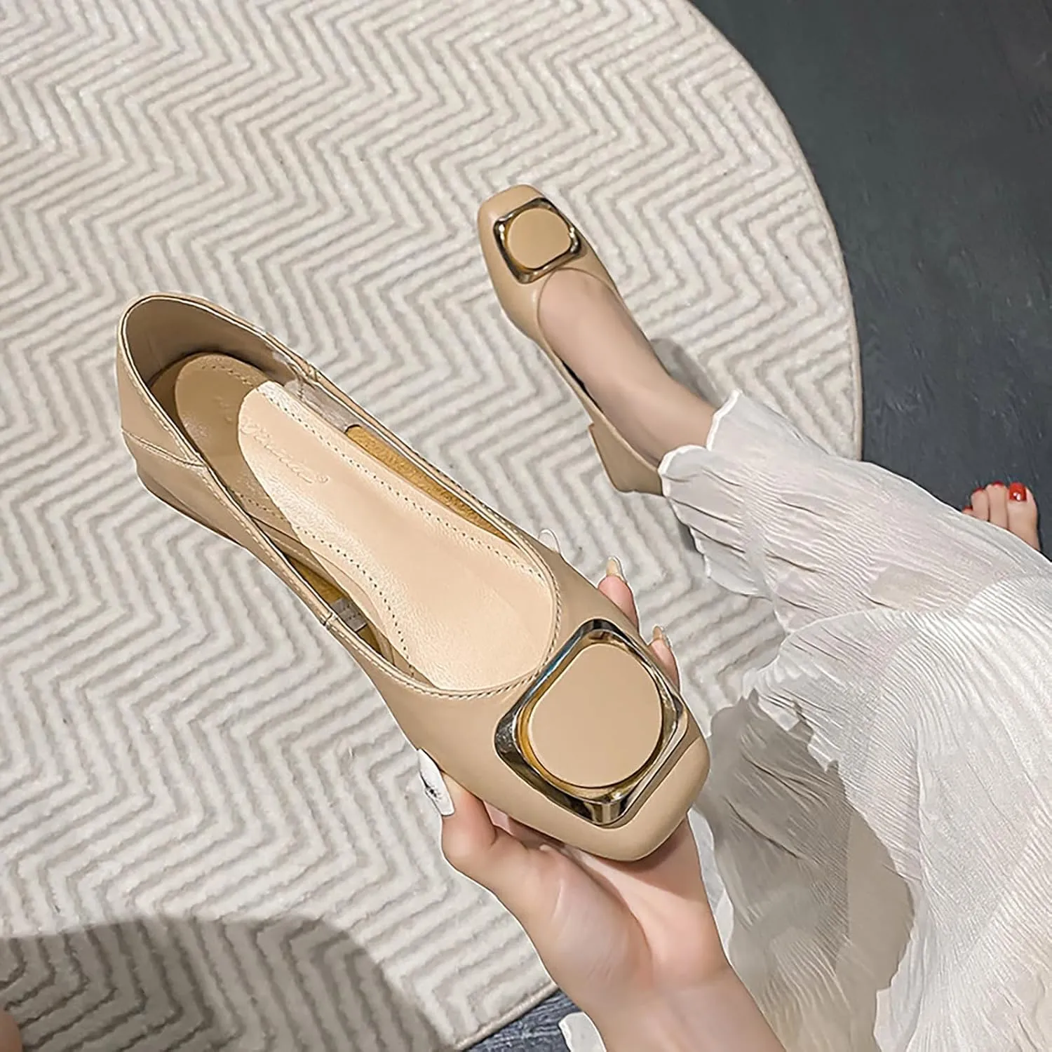 Women's Square Toe Metal Buckle Heels Comfortable Slip On Patent Chunky Low Block Heel Pumps Outdoor Classic Dress Wedding Office Party Shoes
