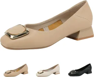 Women's Square Toe Metal Buckle Heels Comfortable Slip On Patent Chunky Low Block Heel Pumps Outdoor Classic Dress Wedding Office Party Shoes