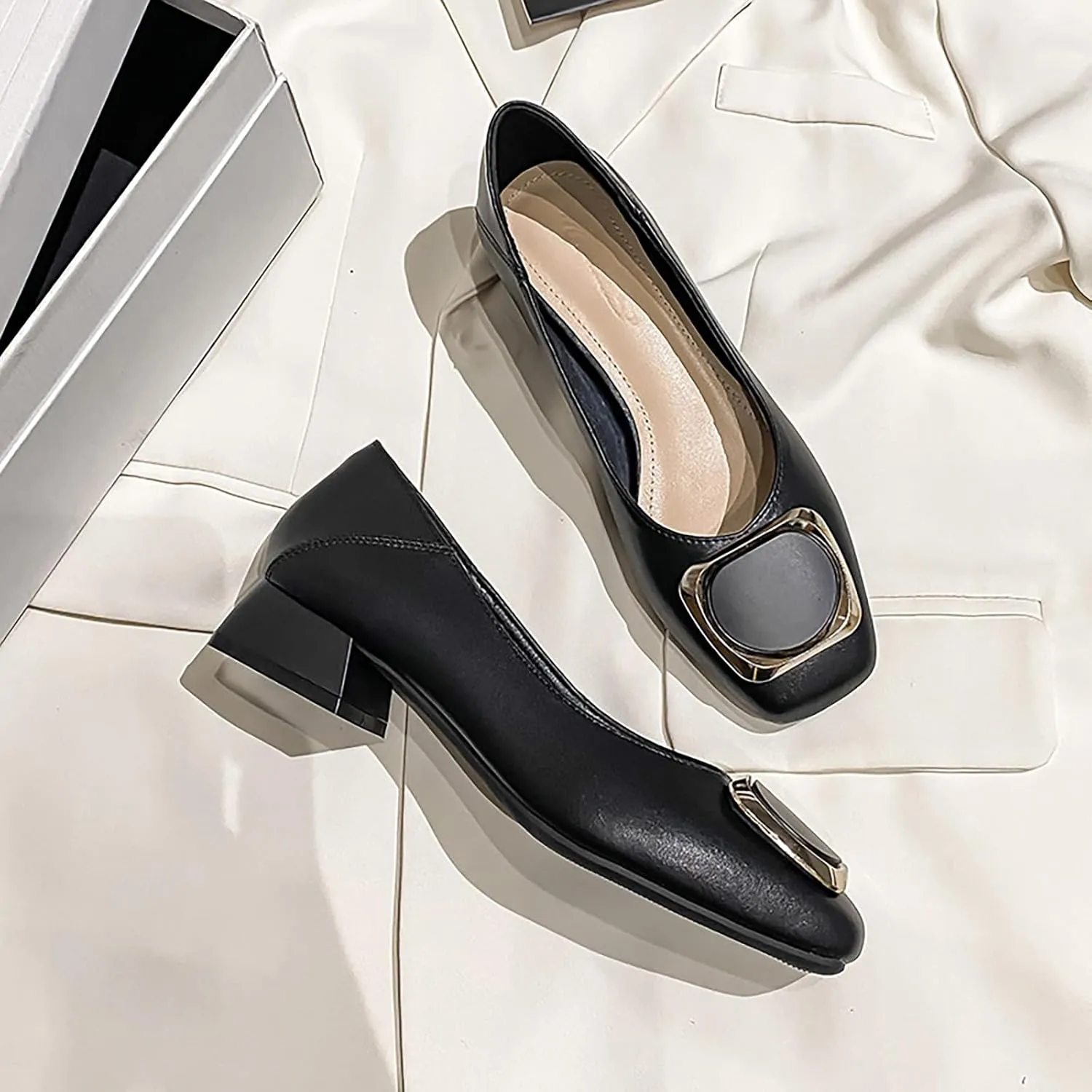 Women's Square Toe Metal Buckle Heels Comfortable Slip On Patent Chunky Low Block Heel Pumps Outdoor Classic Dress Wedding Office Party Shoes