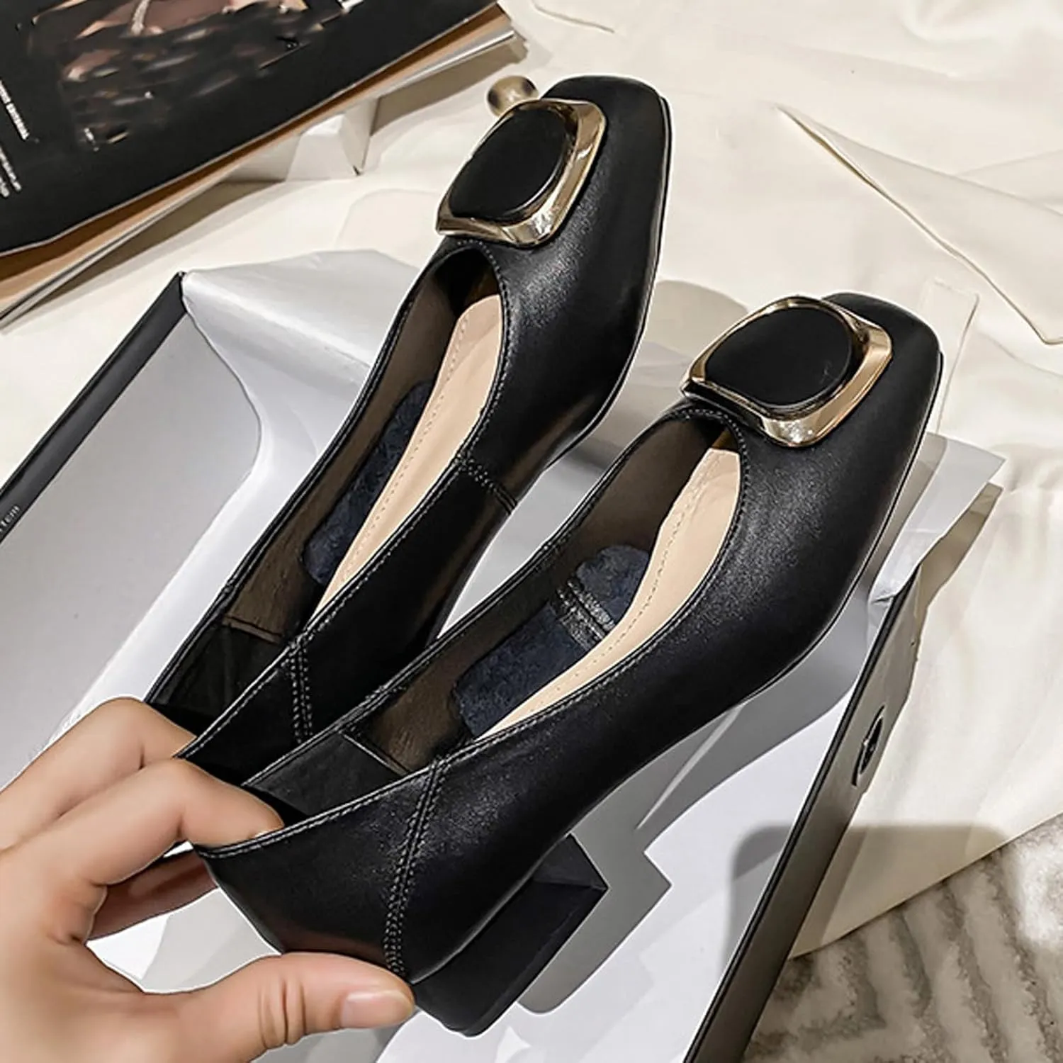 Women's Square Toe Metal Buckle Heels Comfortable Slip On Patent Chunky Low Block Heel Pumps Outdoor Classic Dress Wedding Office Party Shoes