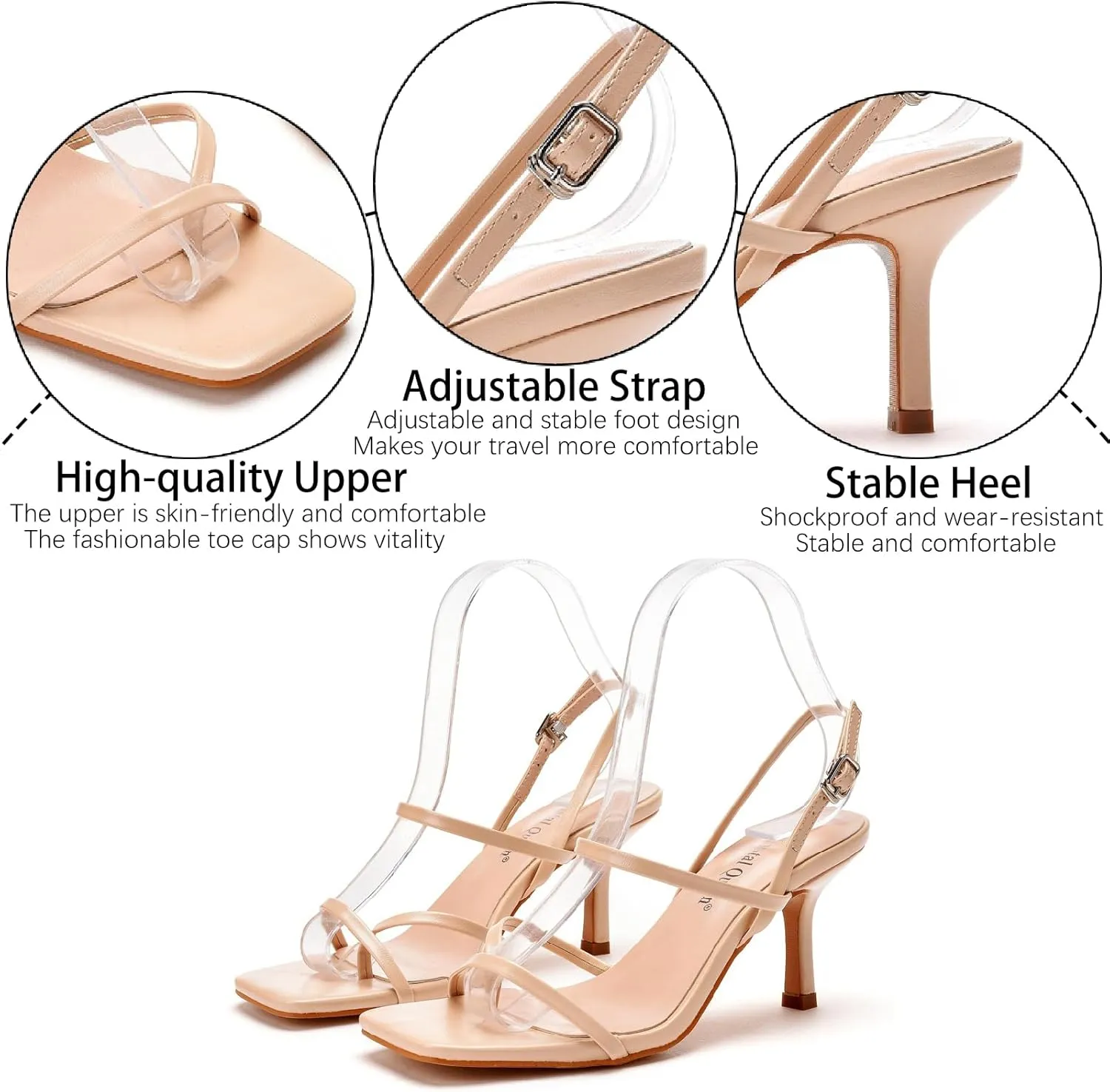 Women's Strappy Toe Ring Stiletto Heels Sandals with Adjustable Ankle Buckle Fashion Open Square Toe Slingback High Heel Pumps for Party Prom Dating Dress Shoes