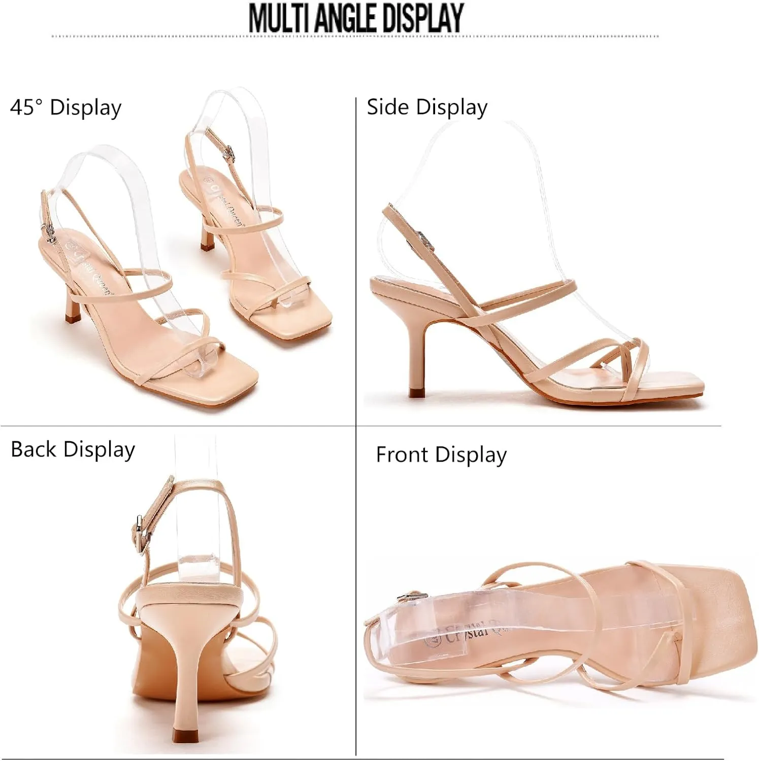 Women's Strappy Toe Ring Stiletto Heels Sandals with Adjustable Ankle Buckle Fashion Open Square Toe Slingback High Heel Pumps for Party Prom Dating Dress Shoes