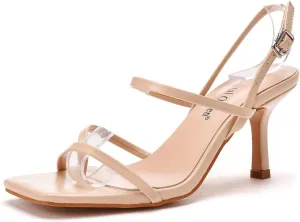 Women's Strappy Toe Ring Stiletto Heels Sandals with Adjustable Ankle Buckle Fashion Open Square Toe Slingback High Heel Pumps for Party Prom Dating Dress Shoes