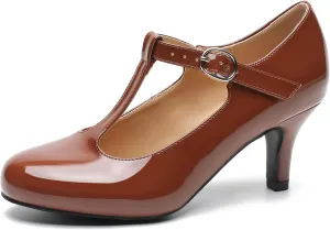 Women's T Strap Mary Jane Kitten Heel Pumps Round Toe Dress Office Work Shoes
