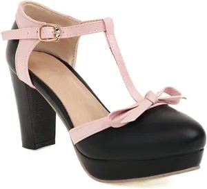 Womens T-Strap Round Toe Pumps Sweet Bowknot Sandals Buckle Platform Chunky High Heel Dress Shoes