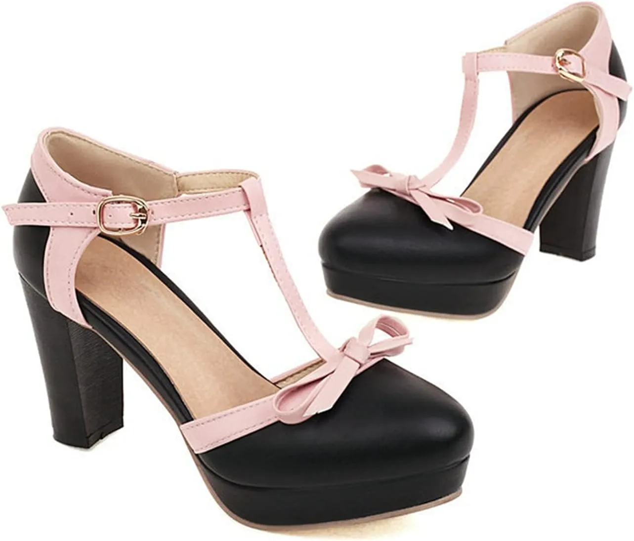 Womens T-Strap Round Toe Pumps Sweet Bowknot Sandals Buckle Platform Chunky High Heel Dress Shoes