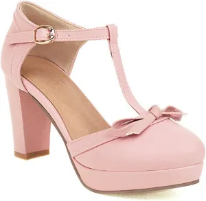 Womens T-Strap Round Toe Pumps Sweet Bowknot Sandals Buckle Platform Chunky High Heel Dress Shoes