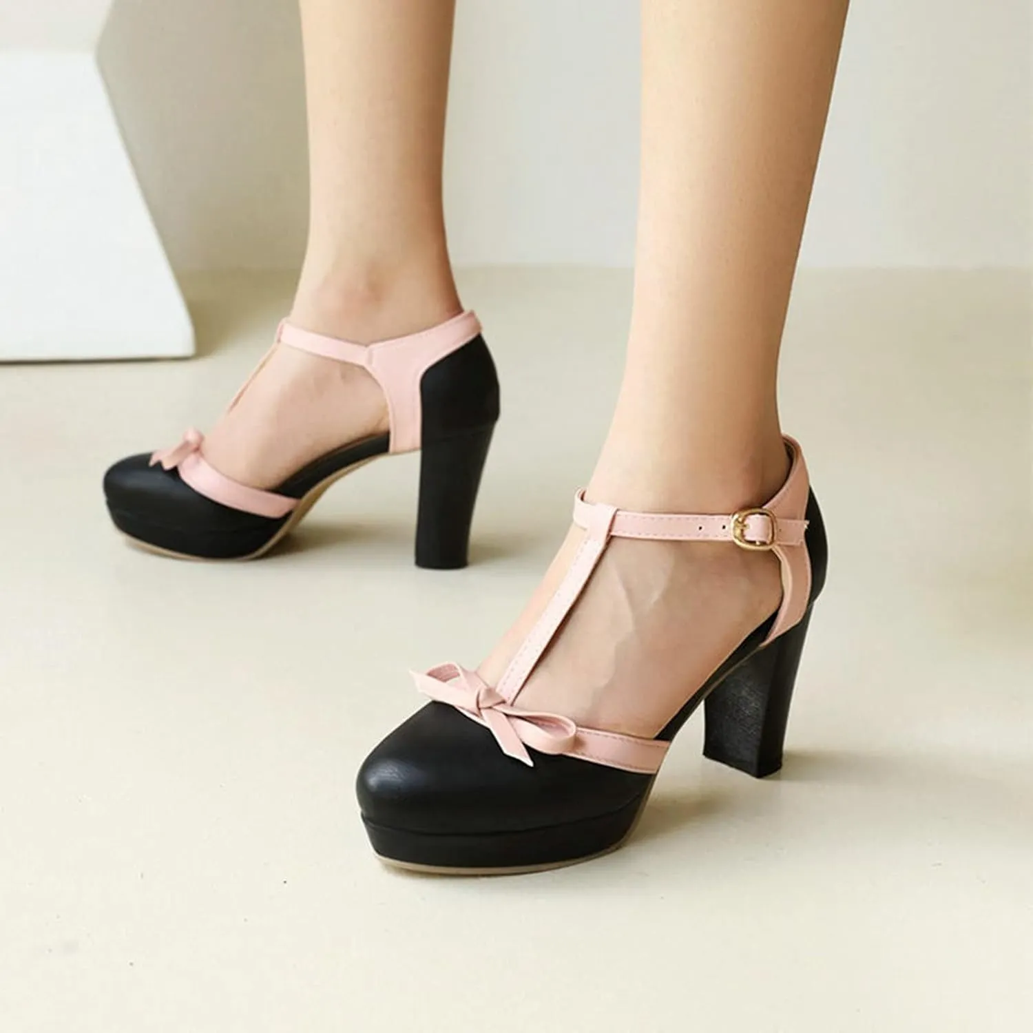 Womens T-Strap Round Toe Pumps Sweet Bowknot Sandals Buckle Platform Chunky High Heel Dress Shoes