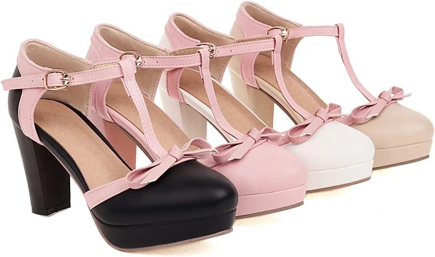 Womens T-Strap Round Toe Pumps Sweet Bowknot Sandals Buckle Platform Chunky High Heel Dress Shoes