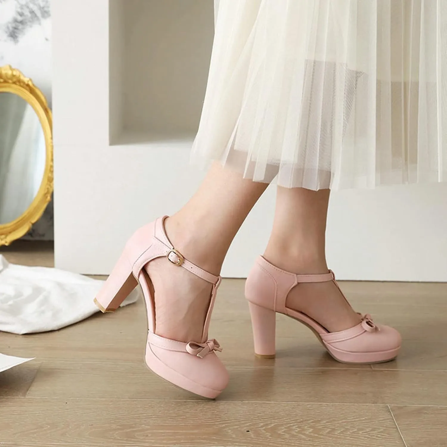 Womens T-Strap Round Toe Pumps Sweet Bowknot Sandals Buckle Platform Chunky High Heel Dress Shoes