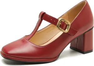Womens T-Strap Vintage Heels Mary Jane Dress Shoes Block Chunky Heels Office Work Pumps