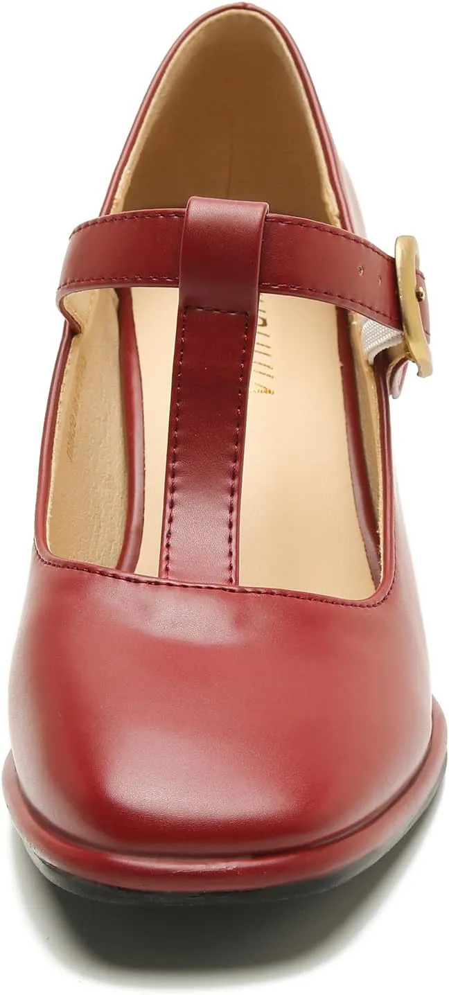 Womens T-Strap Vintage Heels Mary Jane Dress Shoes Block Chunky Heels Office Work Pumps