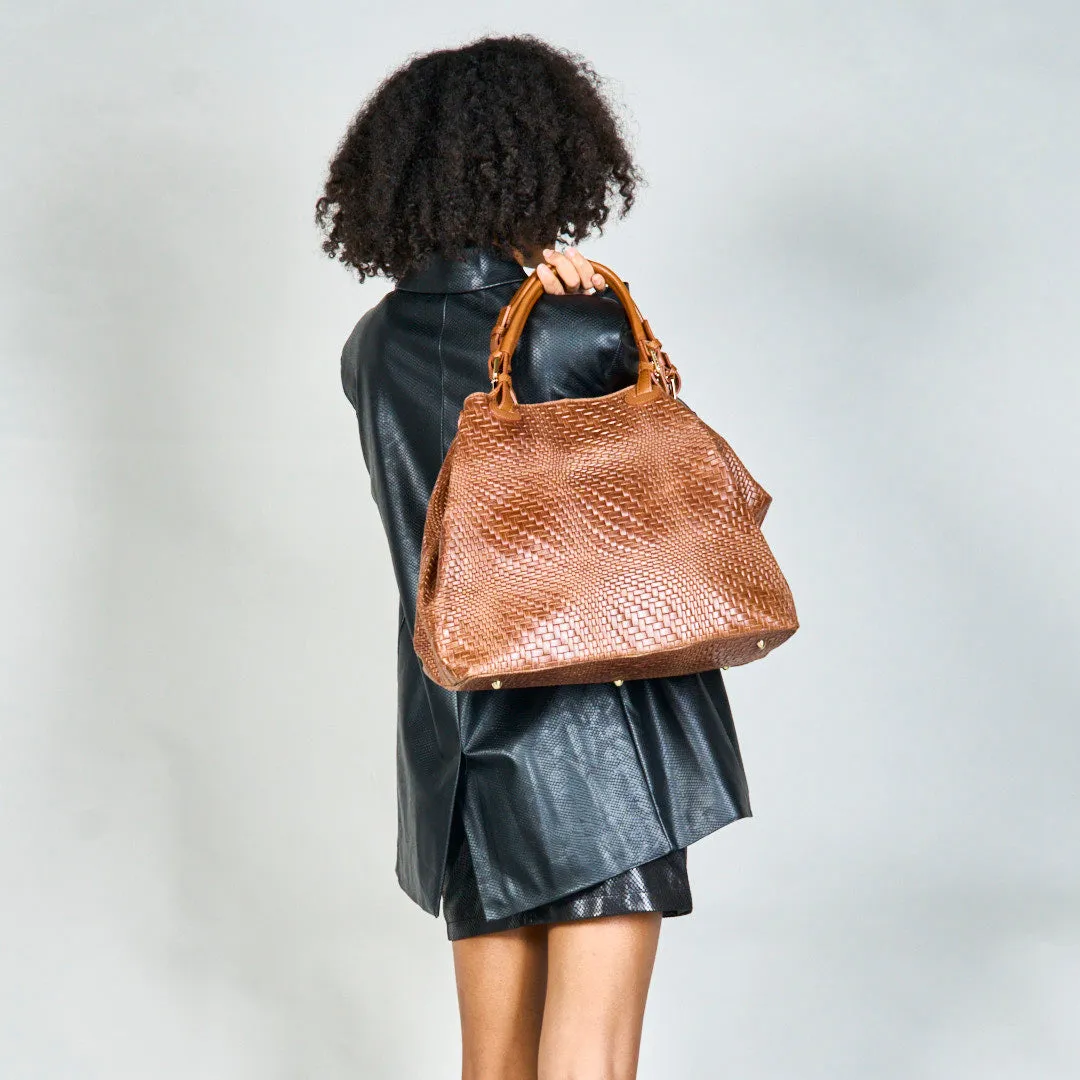 Woven textured tote bag with dual handles wholesale
