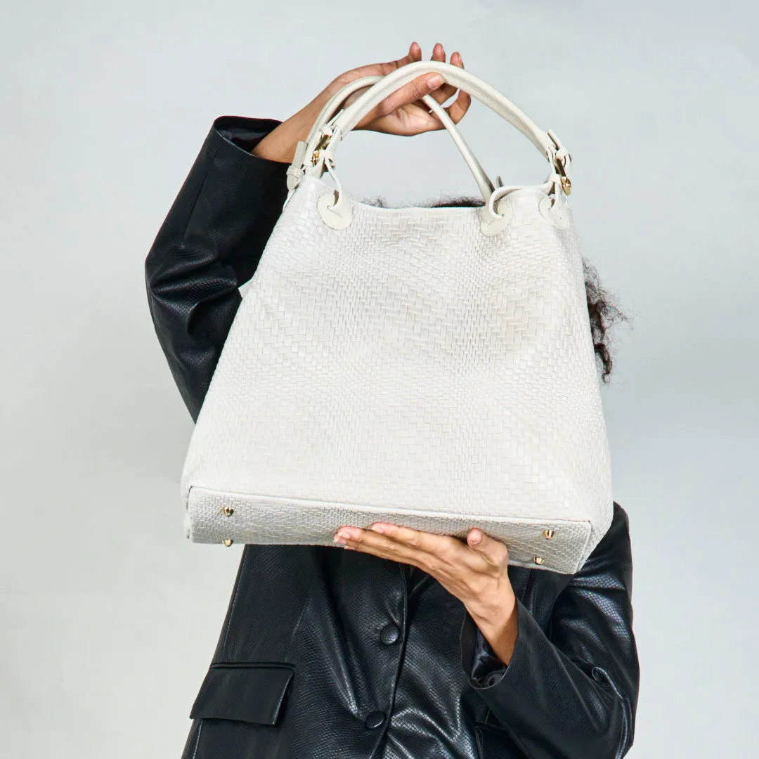 Woven textured tote bag with dual handles wholesale