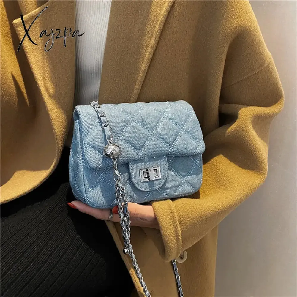 Xajzpa - Denim Quilted Chain Small Crossbody Shoulder Bags For Women Brand Designer Jean Blue Luxury Ladies Purses And Handbags