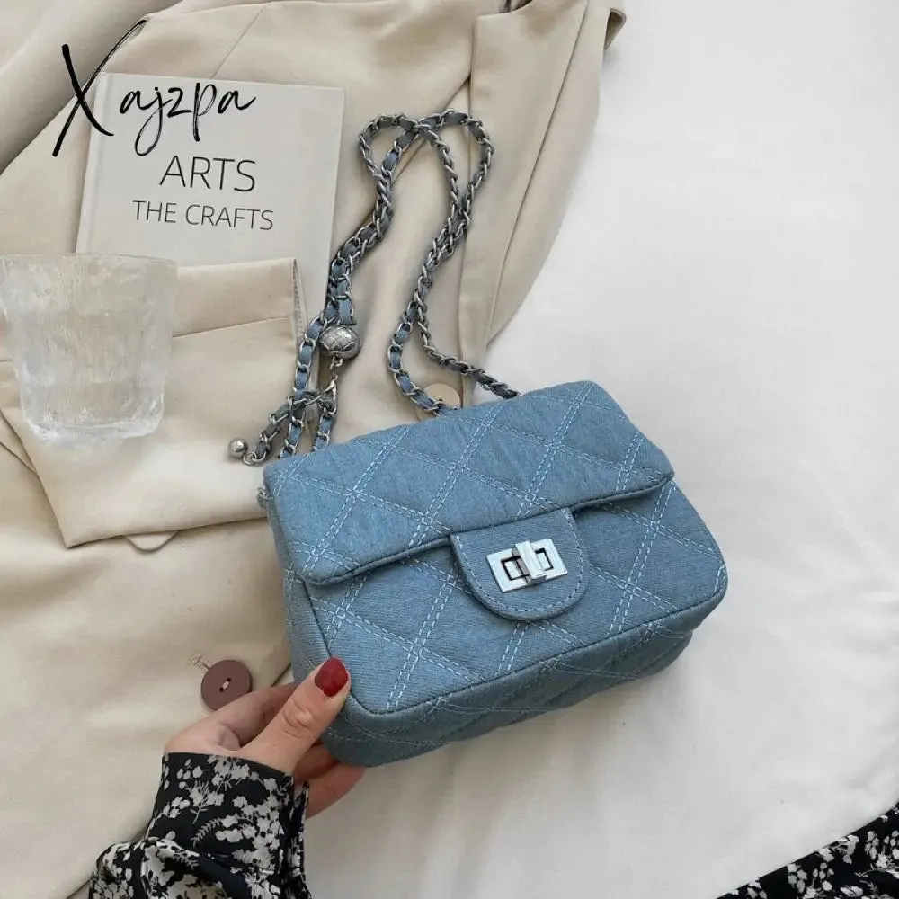 Xajzpa - Denim Quilted Chain Small Crossbody Shoulder Bags For Women Brand Designer Jean Blue Luxury Ladies Purses And Handbags