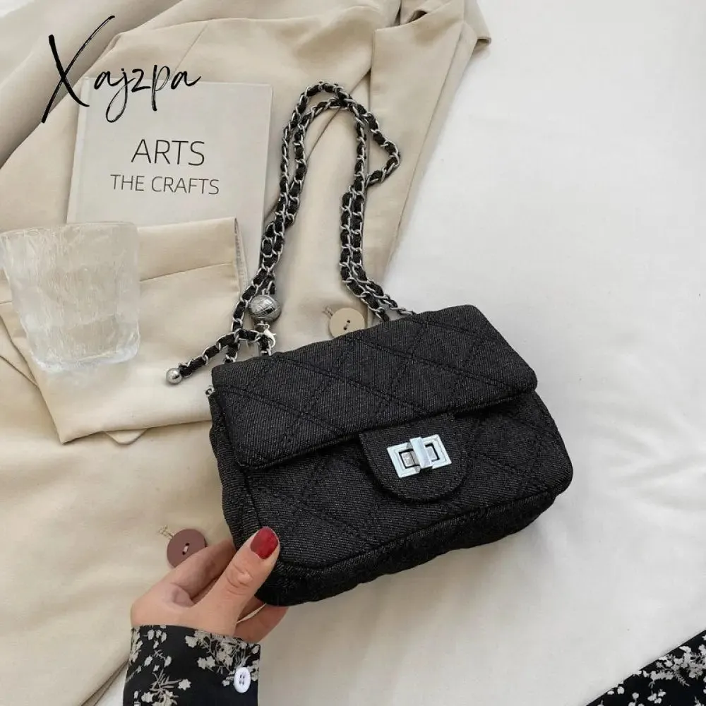 Xajzpa - Denim Quilted Chain Small Crossbody Shoulder Bags For Women Brand Designer Jean Blue Luxury Ladies Purses And Handbags