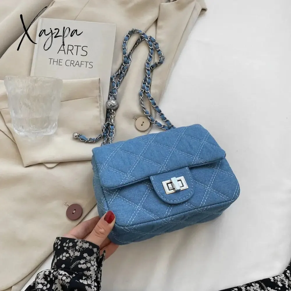 Xajzpa - Denim Quilted Chain Small Crossbody Shoulder Bags For Women Brand Designer Jean Blue Luxury Ladies Purses And Handbags