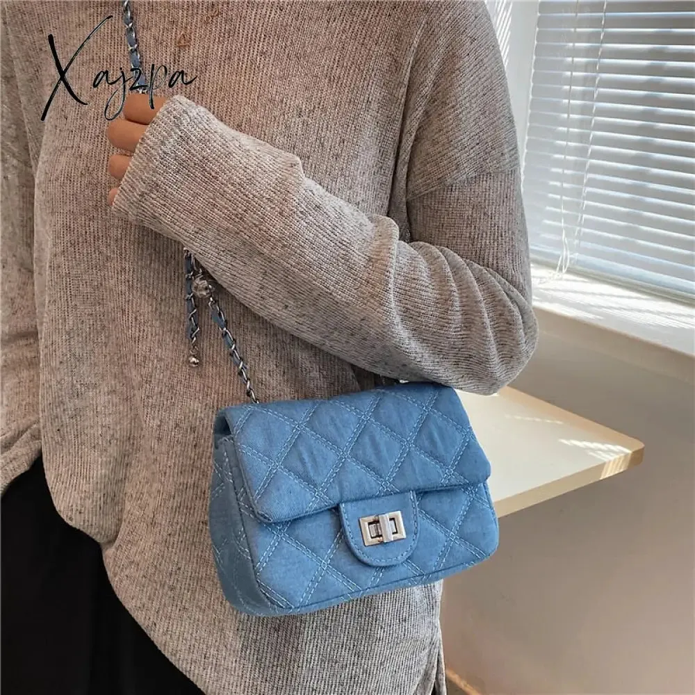 Xajzpa - Denim Quilted Chain Small Crossbody Shoulder Bags For Women Brand Designer Jean Blue Luxury Ladies Purses And Handbags