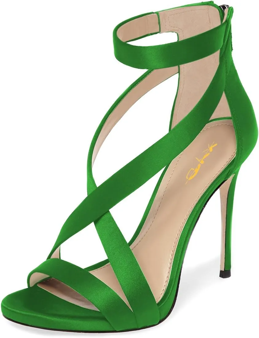 XYD Womens Criss Cross Ankle Strap Sandals Open Toe Stilettos High Heels Back Zipper Bridal Wedding Party Shoes