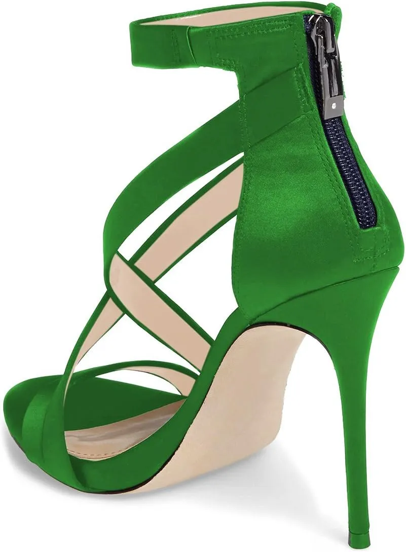XYD Womens Criss Cross Ankle Strap Sandals Open Toe Stilettos High Heels Back Zipper Bridal Wedding Party Shoes