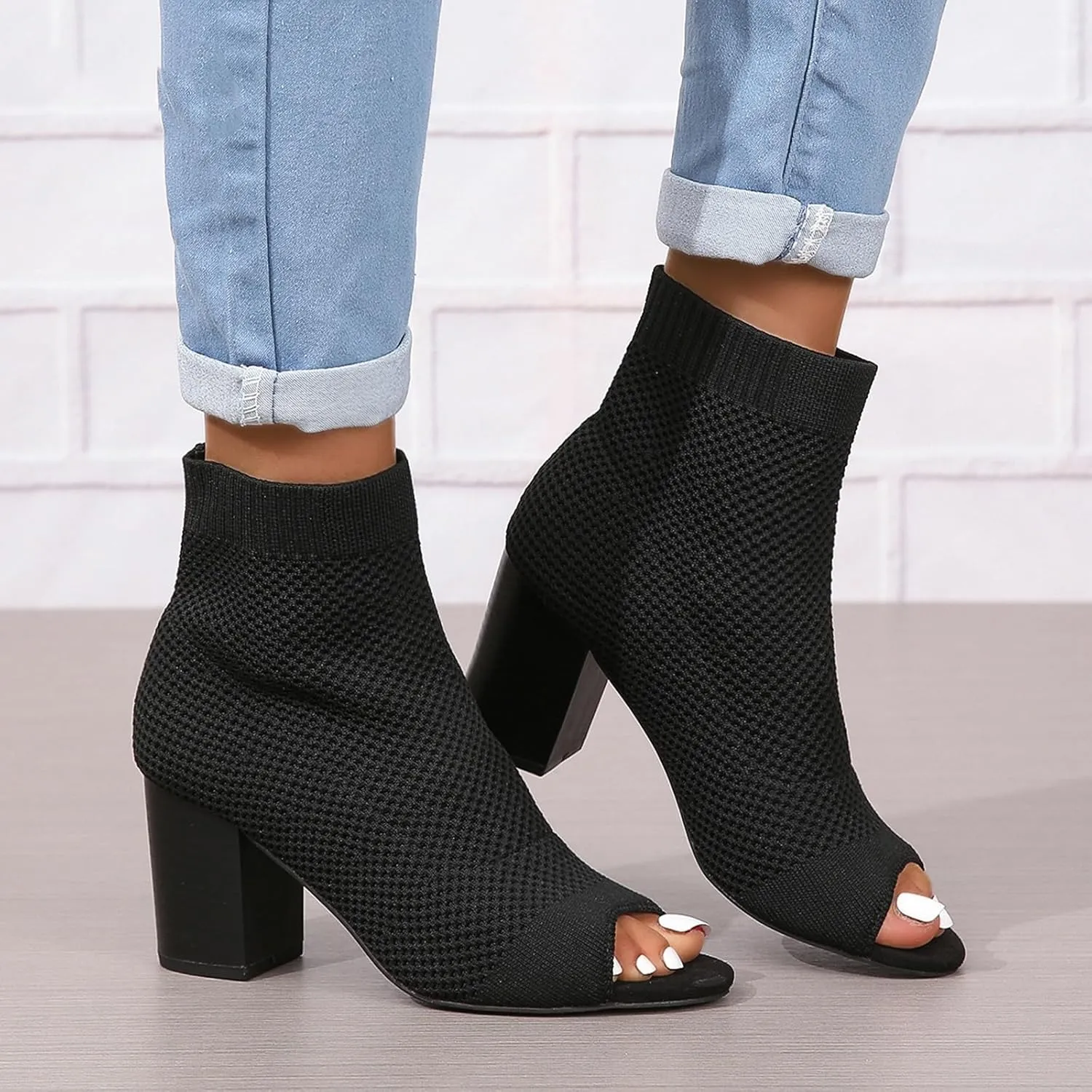 Zeberfi Women's Knit Peep Toe Chunky Block Heel Ankle Boots Fashion Open Pointed Toe Breathable Heeled Sandals Summer Casual Slip On Dress Sock Booties