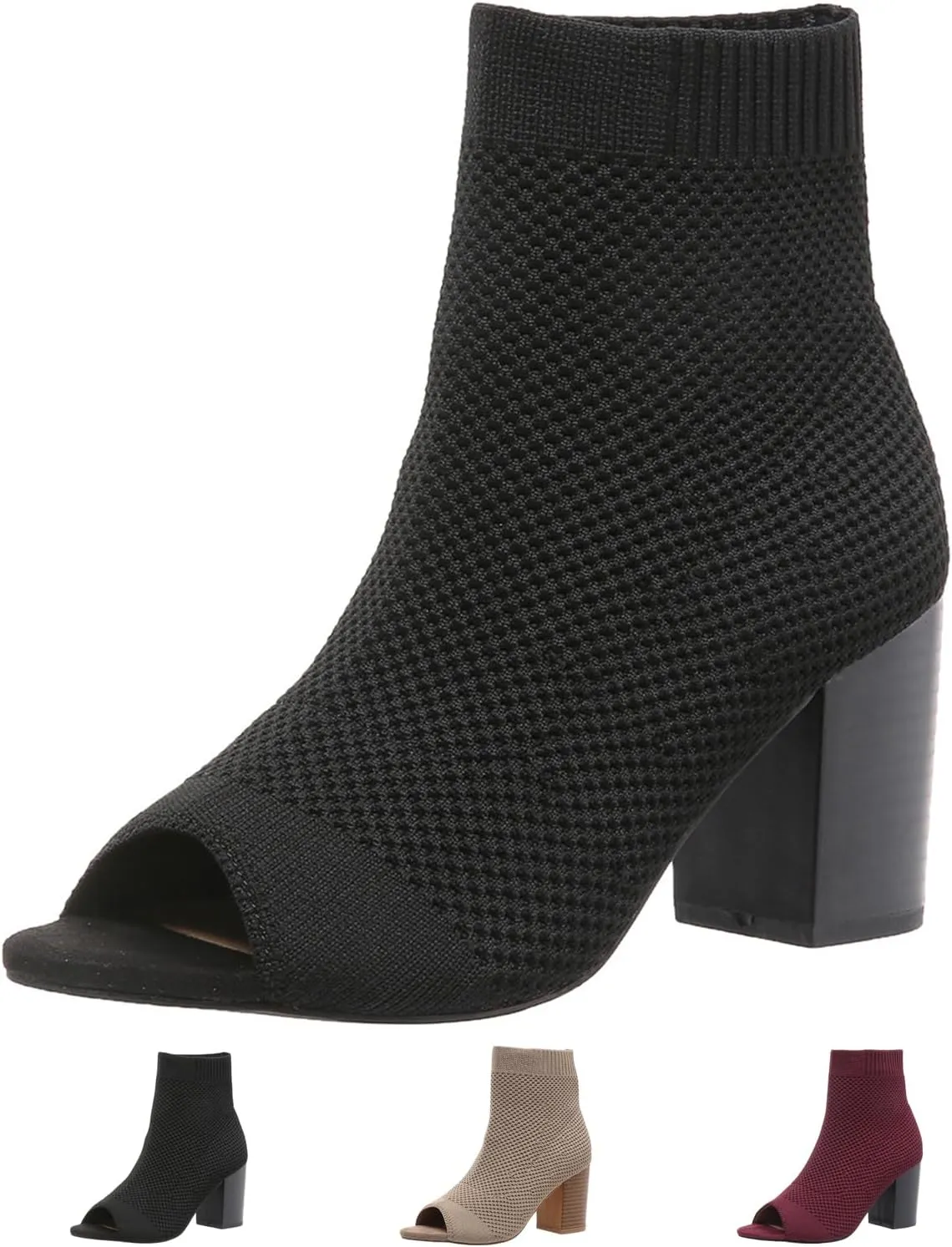Zeberfi Women's Knit Peep Toe Chunky Block Heel Ankle Boots Fashion Open Pointed Toe Breathable Heeled Sandals Summer Casual Slip On Dress Sock Booties
