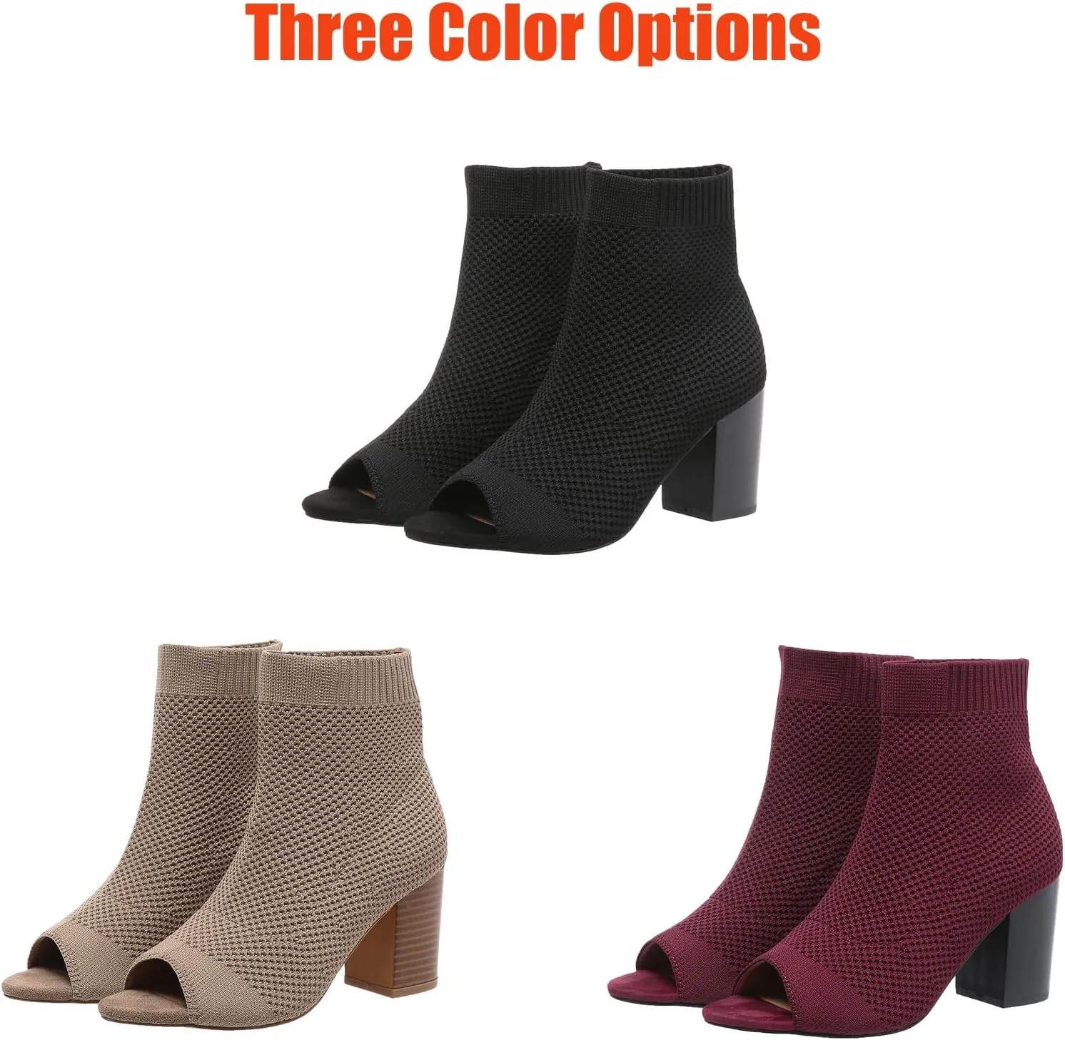 Zeberfi Women's Knit Peep Toe Chunky Block Heel Ankle Boots Fashion Open Pointed Toe Breathable Heeled Sandals Summer Casual Slip On Dress Sock Booties