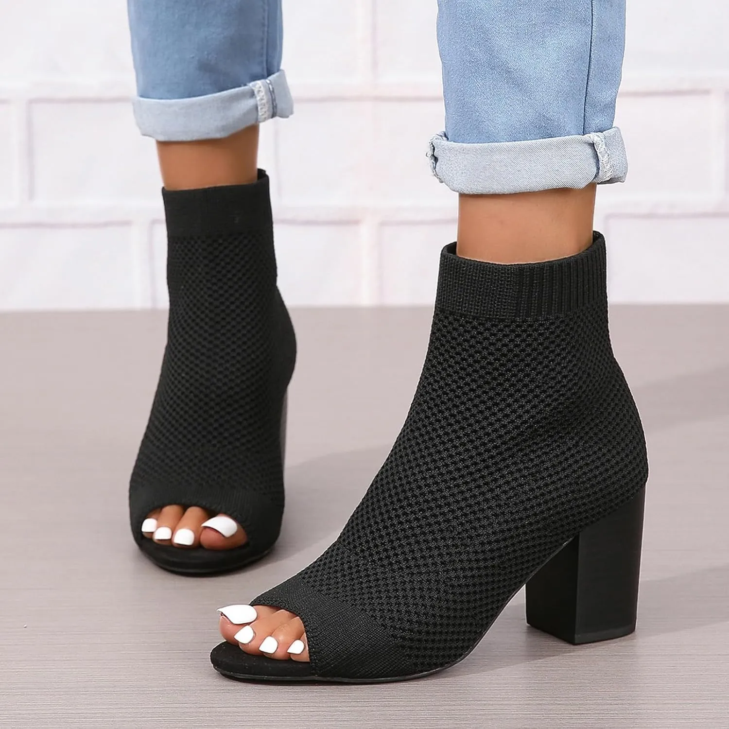 Zeberfi Women's Knit Peep Toe Chunky Block Heel Ankle Boots Fashion Open Pointed Toe Breathable Heeled Sandals Summer Casual Slip On Dress Sock Booties