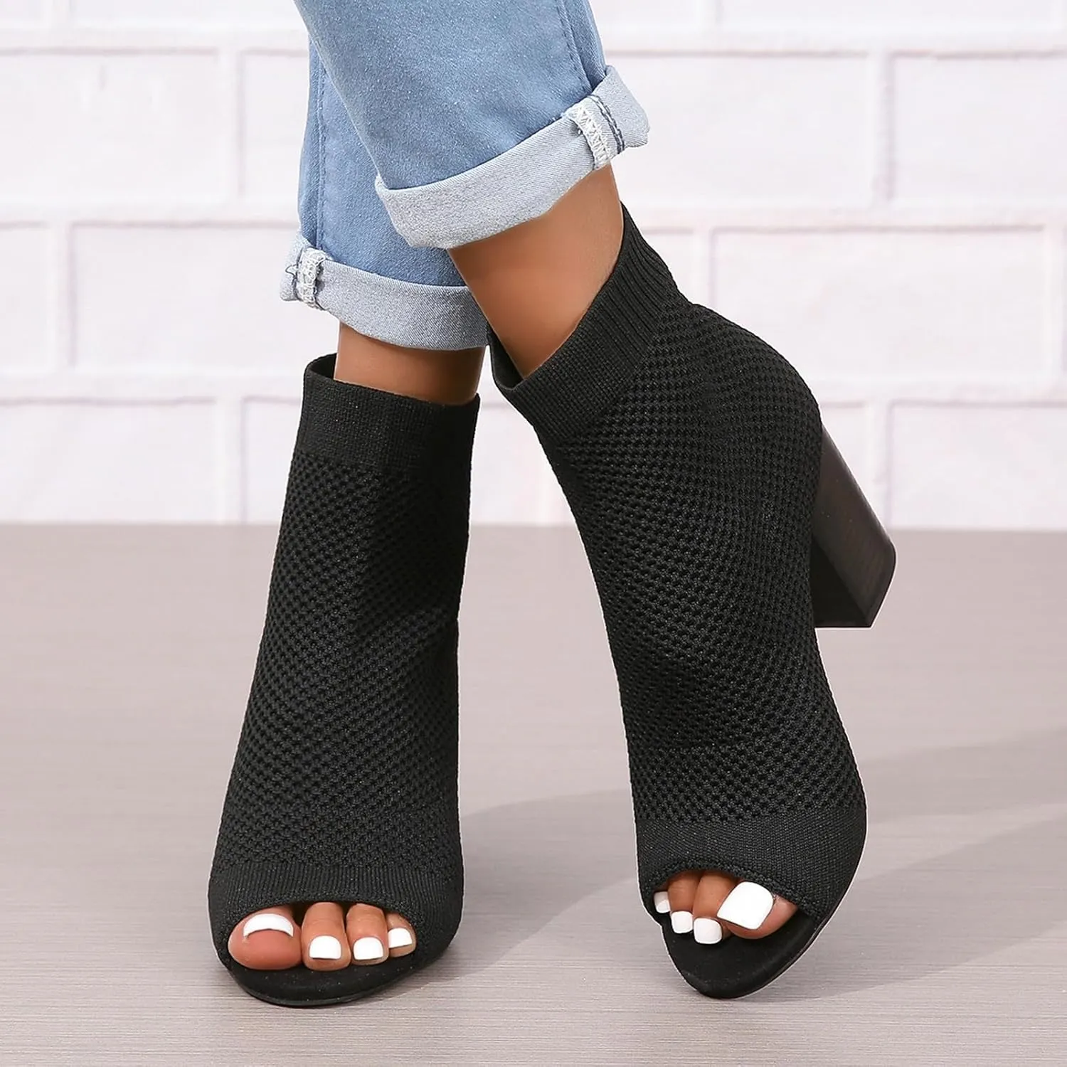 Zeberfi Women's Knit Peep Toe Chunky Block Heel Ankle Boots Fashion Open Pointed Toe Breathable Heeled Sandals Summer Casual Slip On Dress Sock Booties
