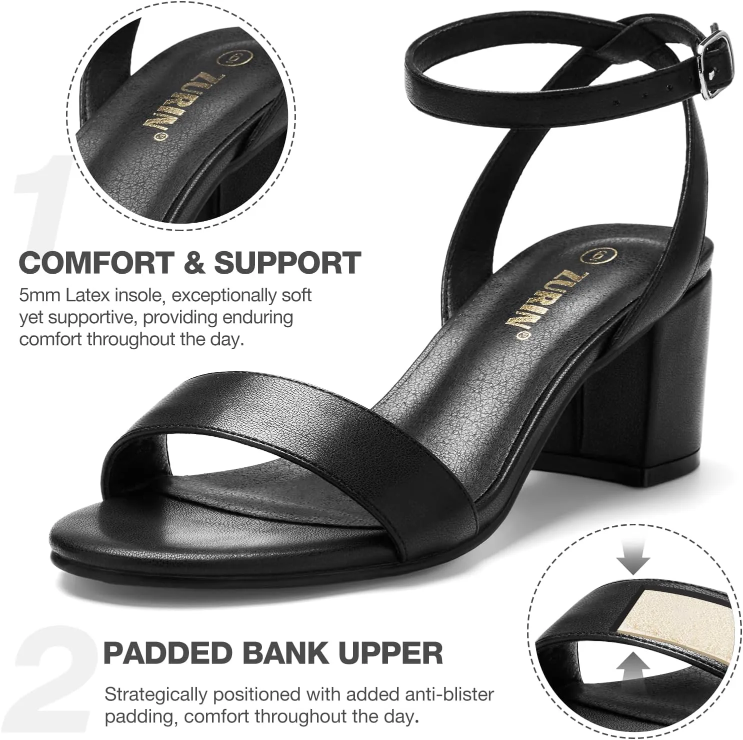 ZURIN Womens Low Block Chunky Heels Open Toe Ankle Strap Heeled Sandals Dress Pumps Shoes for Wedding Bridal Evening Party Homecoming Prom 2.24 inch