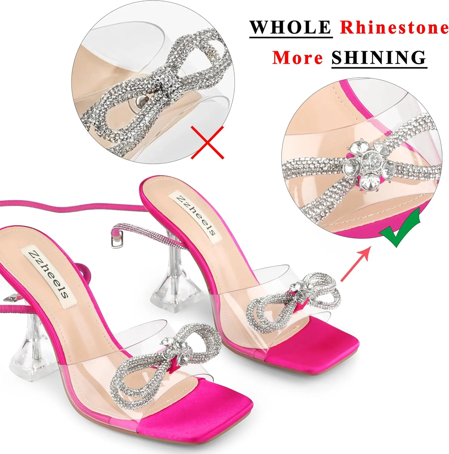 Zzheels Double Bowknots Crystal Sandals Clear Slingback Heels Square Toe Shoes for Party Wedding