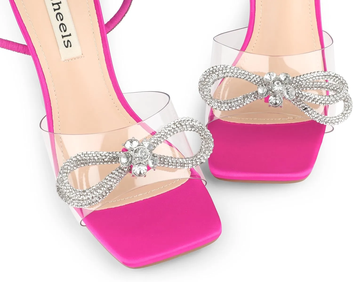 Zzheels Double Bowknots Crystal Sandals Clear Slingback Heels Square Toe Shoes for Party Wedding