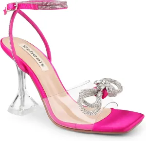 Zzheels Double Bowknots Crystal Sandals Clear Slingback Heels Square Toe Shoes for Party Wedding